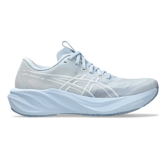 A light blue and white ASICS Gel-boost running shoe shown from the side profile on a white background.
