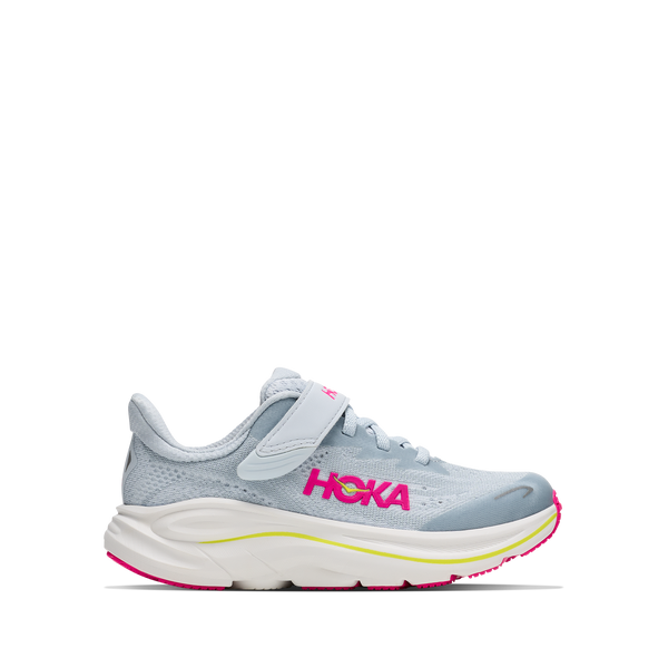 A Hoka running shoe in light gray and white with a bright pink HOKA logo on the side and a neon yellow accent line, shown against a plain white background.