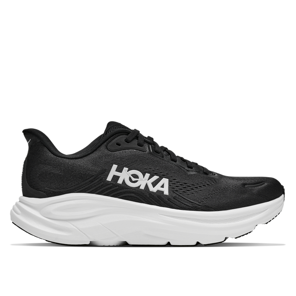 HOKA Black running shoe with white sole on a light gray background