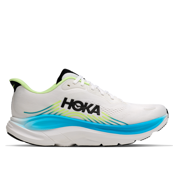 HOKA White running shoe with blue and green accents on a white background
