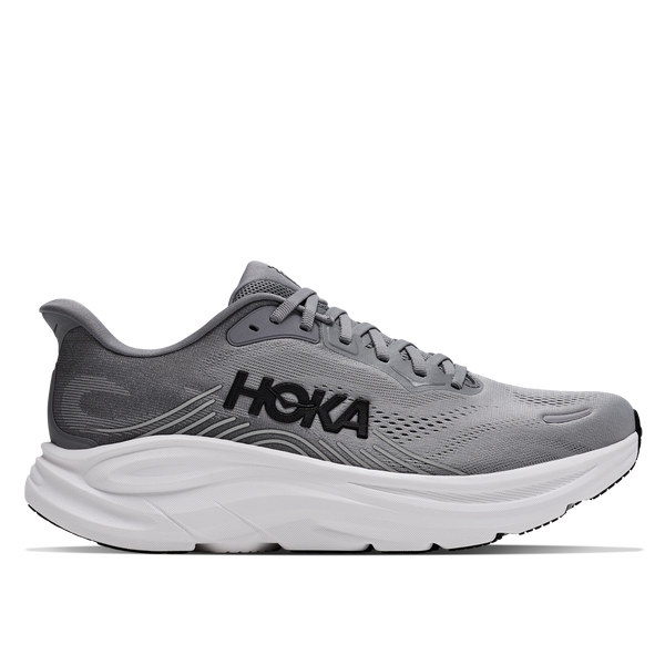 HOKA Gray running shoe with white sole on a white background