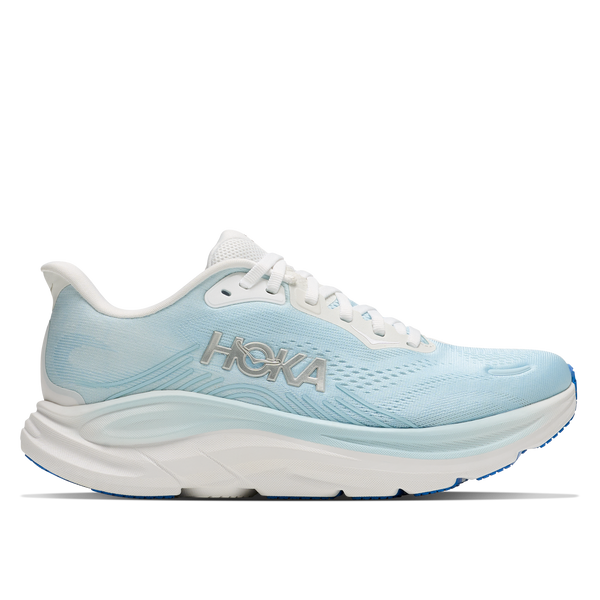 HOKA Light blue running shoe with white sole on a white background