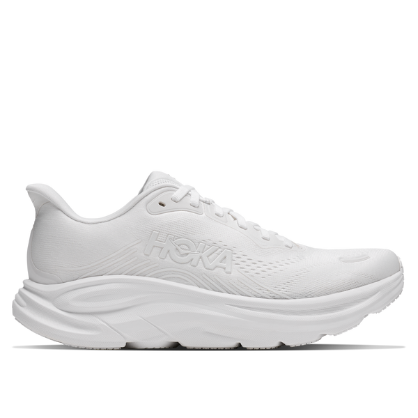 White running shoe with 'HOKA' branding on a white background