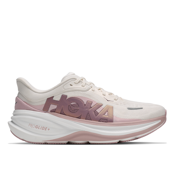 Pink and white running shoe with 'Hoka' branding on a white background
