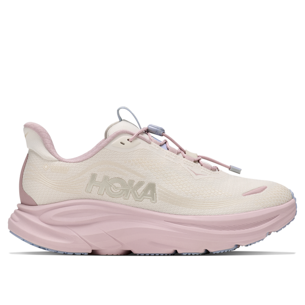Pink running shoe with 'Hoka' branding on a white background