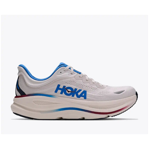 A Hoka running shoe in white with blue and red accents, shown in a side profile on a light gray background.