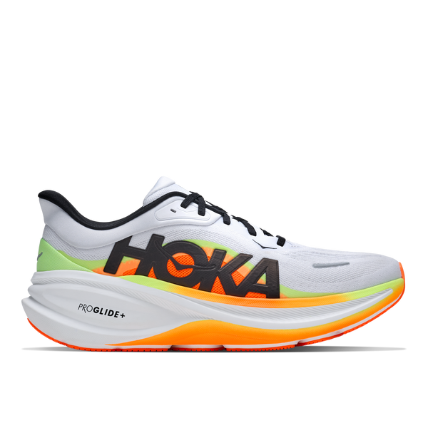 Hoka running shoe with white, orange, and black design on a white background