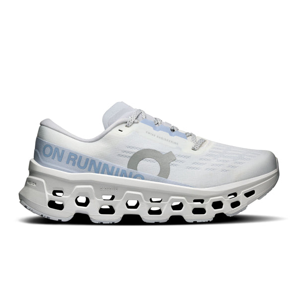 On Womens Cloudmonster 3 running shoe side view showing max cushioning | White Frost