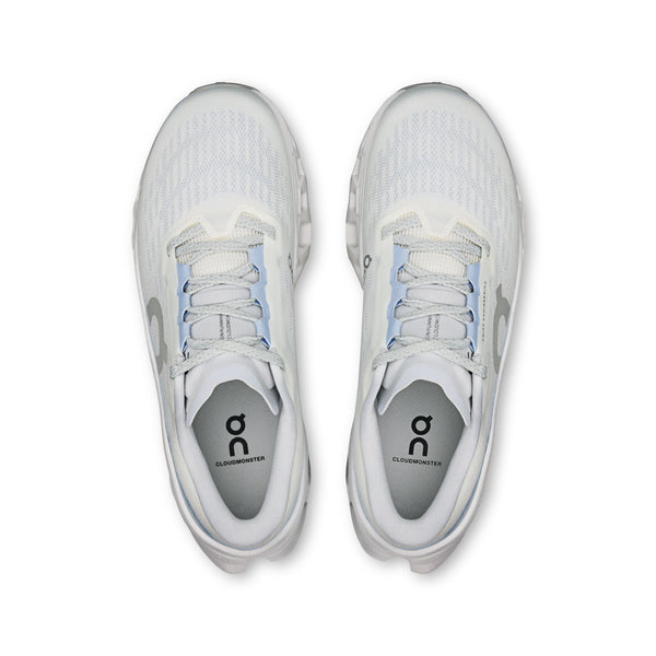 On Womens Cloudmonster 3 breathable engineered mesh upper detail | White Frost