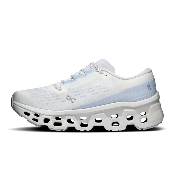 On Womens Cloudmonster 3 with oversized CloudTec pods and Helion superfoam | White Frost